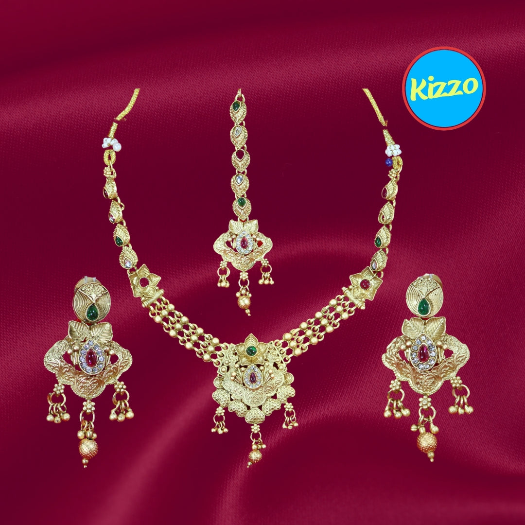 Gold Plated Necklace Earring Set with Maangtikka for Women - Traditional Jewelry Set