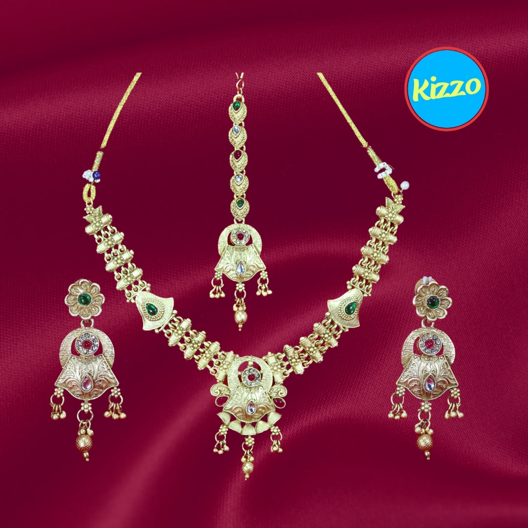 Gold Plated Necklace and Maangtikka Set with Green and Red Stone Embellishments - Traditional Jewelry for Women