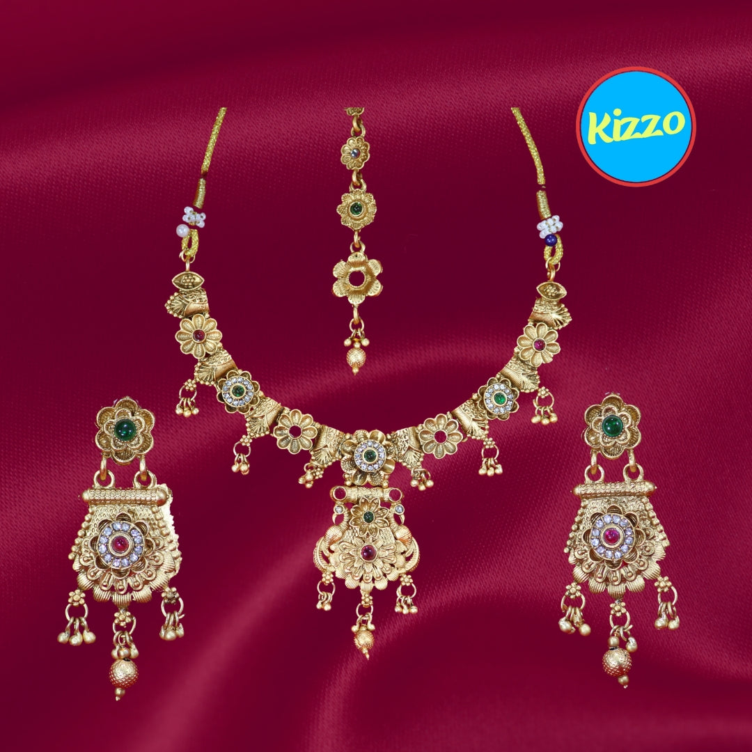 Gold Plated Floral Peacock Necklace and Maangtikka Set- Traditional Jewelry for Women