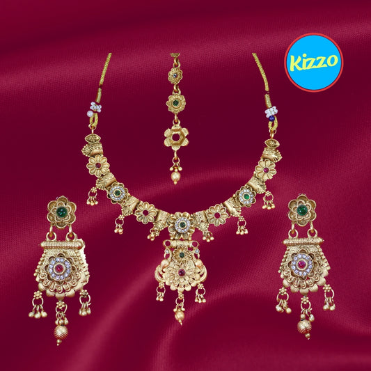 Gold Plated Floral Peacock Necklace and Maangtikka Set- Traditional Jewelry for Women