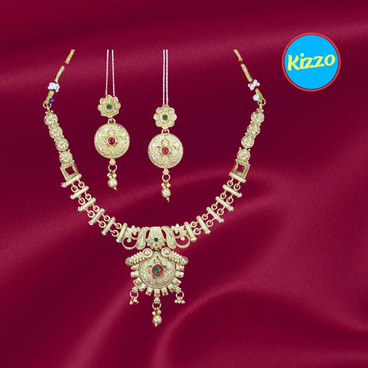 Gold Plated Floral Design Necklace & Earring Set  - Traditional Jewelry for Women