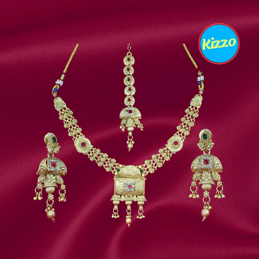 Gold Plated Necklace and Maangtikka Set with Green and Red Stone Embellishments - Traditional Jewelry for Women