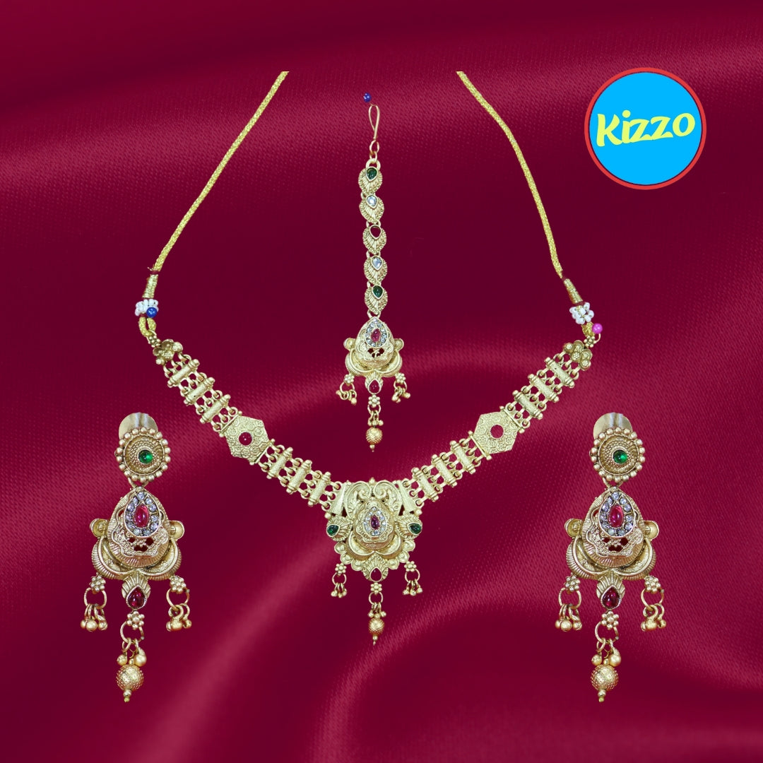 Gold Plated Droplet Necklace and Maangtikka Set with Green and Red Stone Embellishments - Traditional Jewelry for Women