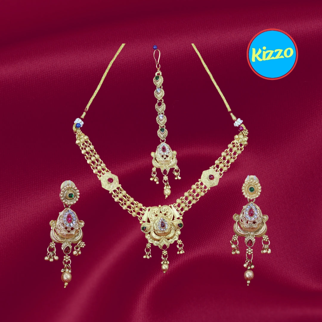 Gold Plated Floral Droplet Necklace and Maangtikka Set with Green and Red Stone Embellishments - Traditional Jewelry for Women