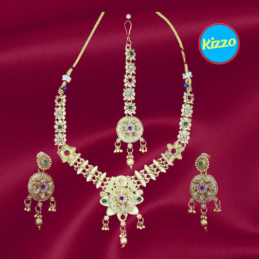 Gold Plated Floral Necklace and Maangtikka Set with Green and Red Stone Embellishments - Traditional Jewelry for Women