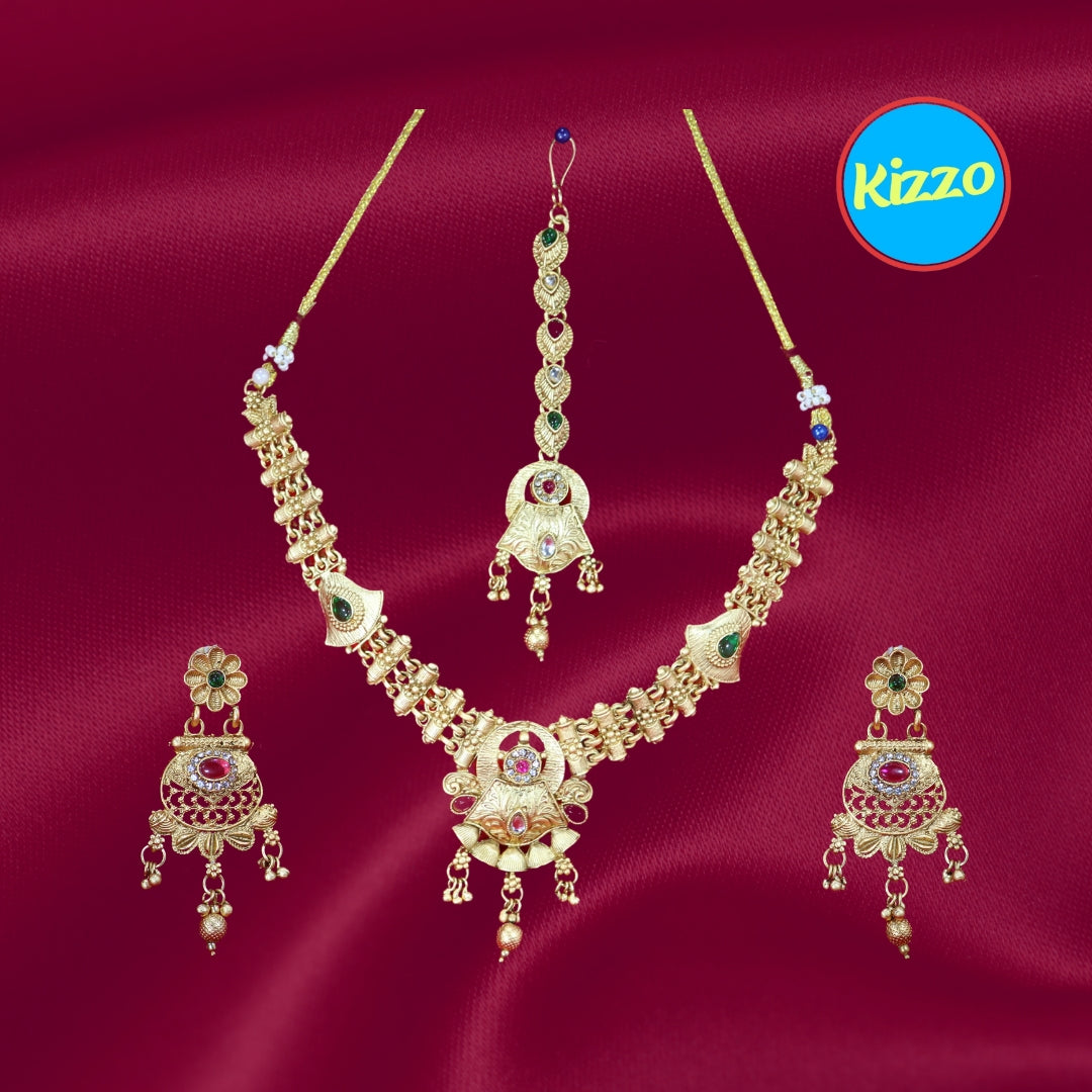 Gold Plated Necklace and Maangtikka Set with Pink, Green and Red Stone Embellishments - Traditional Jewelry for Women