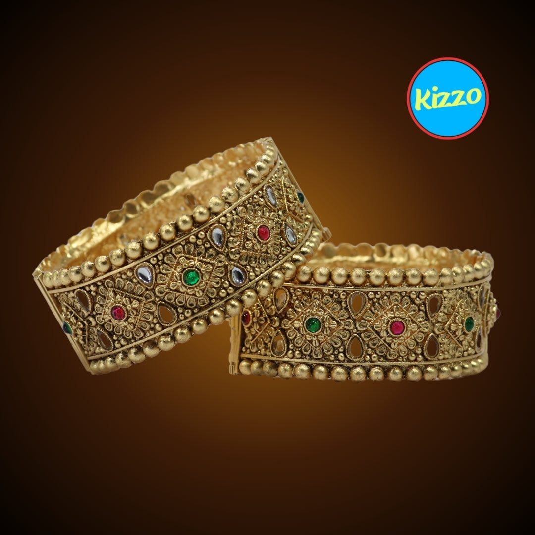 Gold-Plated Patla Bangles with Colorful Gemstones | Floral design and Geometric patterns | For festive occasions or weddings