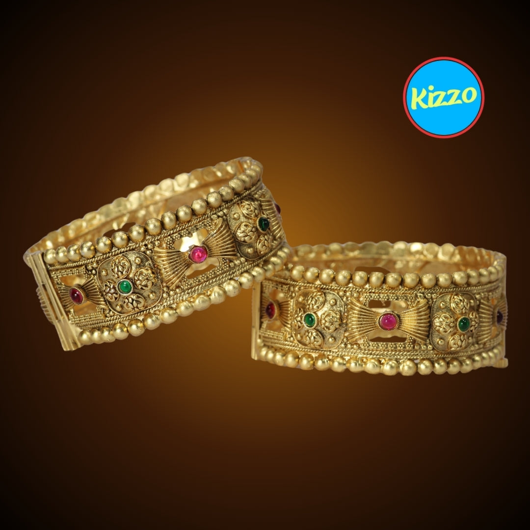 Gold-Plated Patla Bangles with Colorful Gemstones | Circular design and Geometric patterns | For festive occasions or weddings