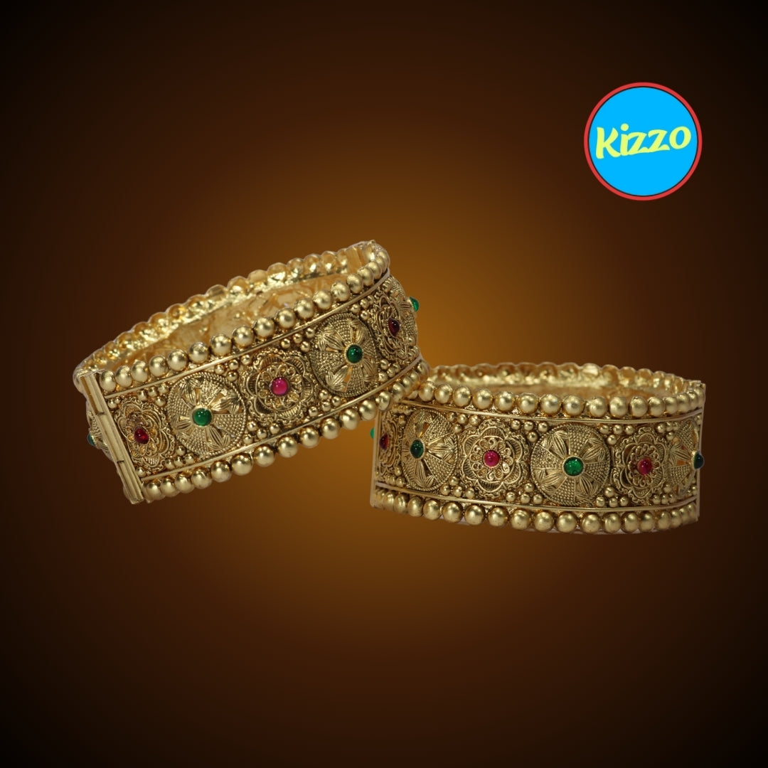 Gold-Plated Patla Bangles with Colorful Gemstones | Floral design and Circular patterns | For festive occasions or weddings