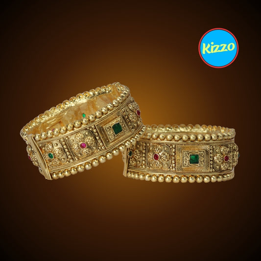 Gold-Plated Patla Bangles with Colorful Gemstones | Square design and Circular patterns | For festive occasions or weddings