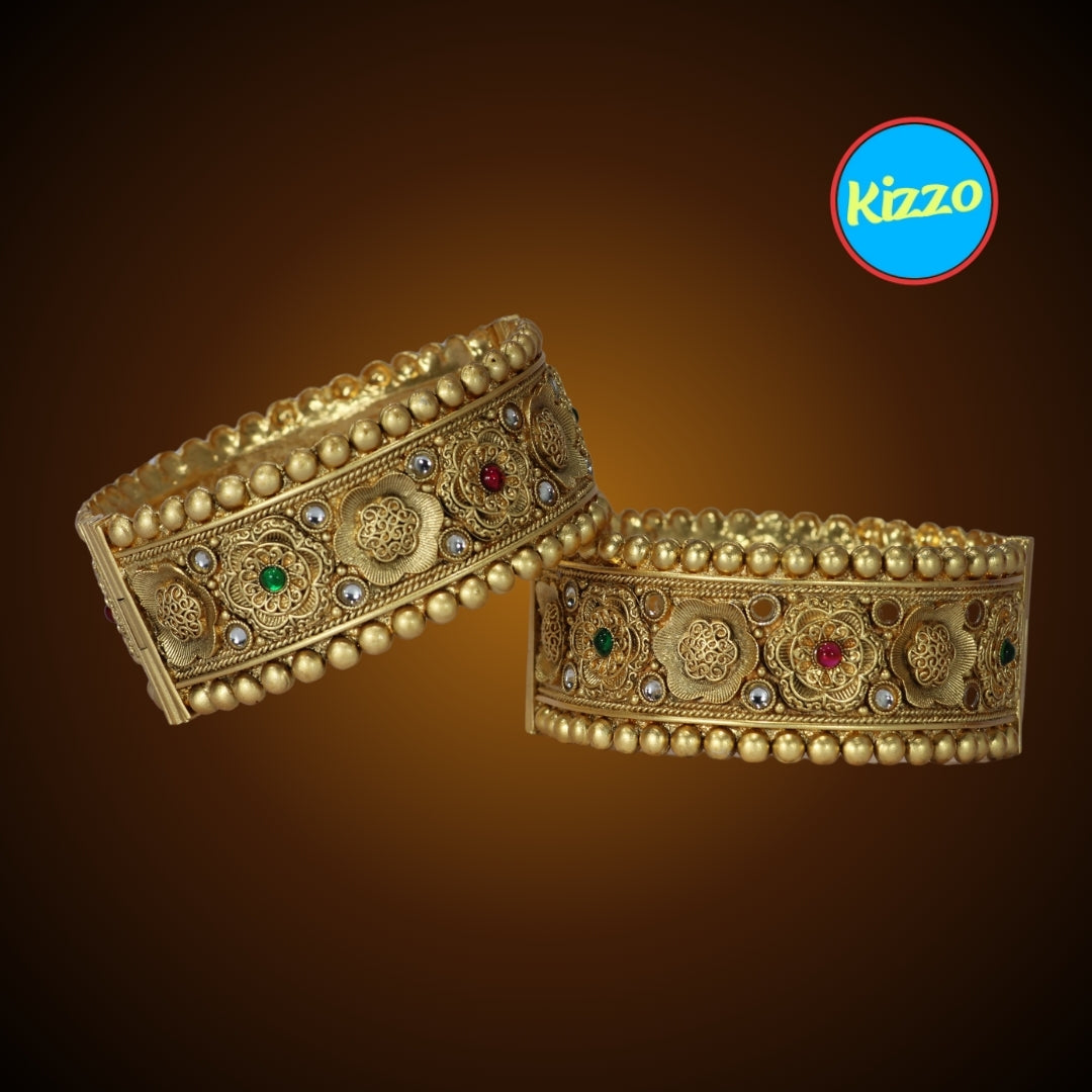 Gold-Plated Patla Bangles with Colorful Gemstones | Floral design and patterns | For festive occasions or weddings