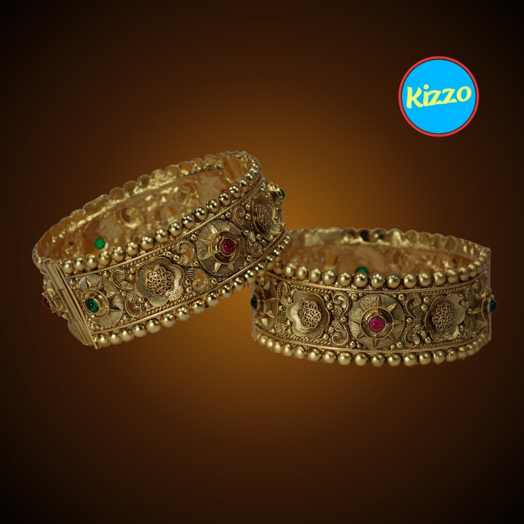 Gold-Plated Patla Bangles with Colorful Gemstones | Floral design and Circular patterns | For festive occasions or weddings