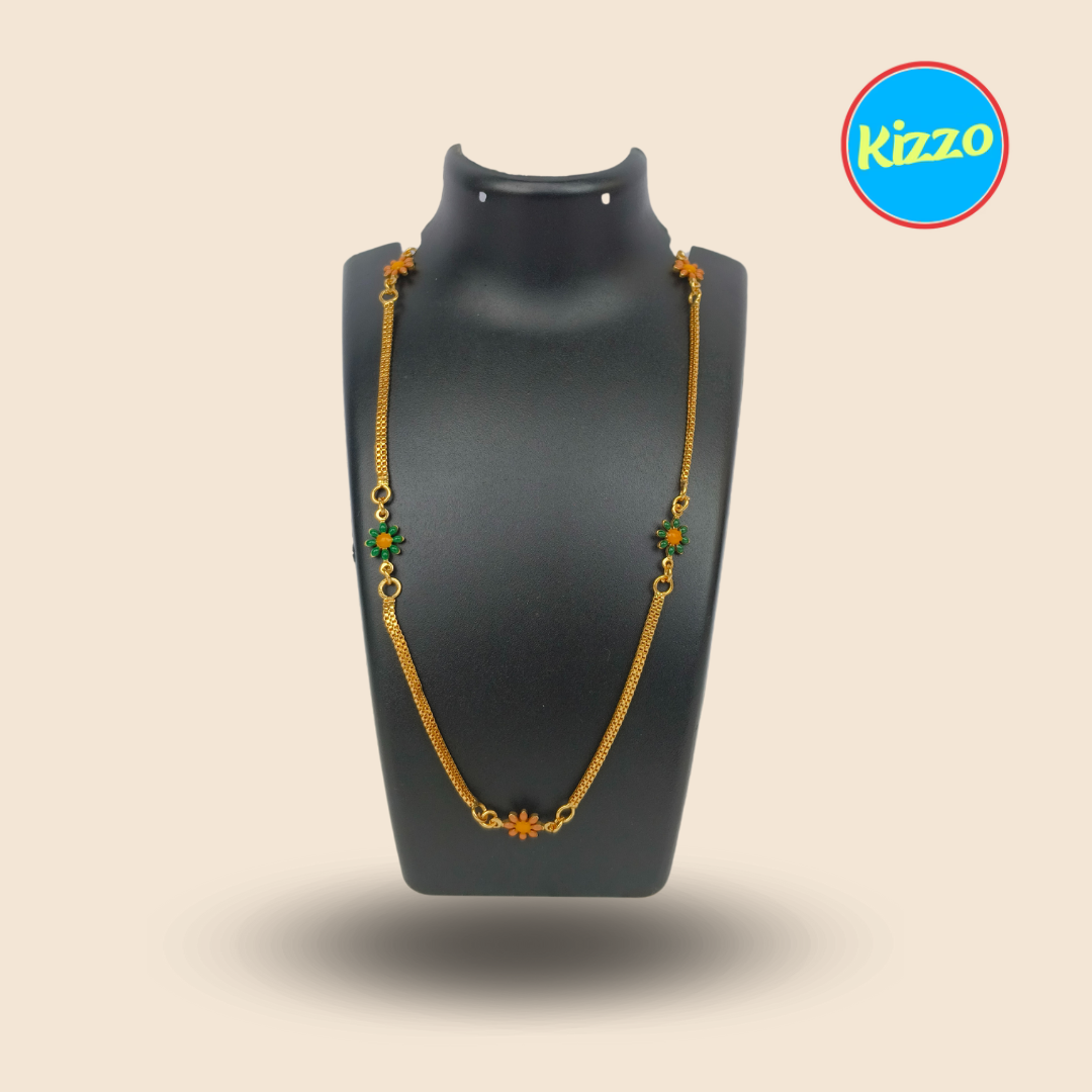 Gold-Plated Chain for Women | Green & Orange Flowers | Jewelery for Women & Girls