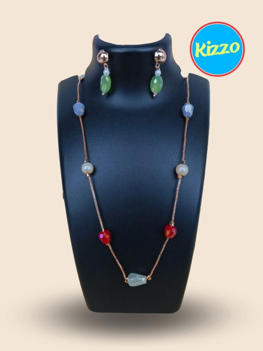 Elegant Beaded Chain with Matching Gemstone Earrings | For Women & Girls | Limited Stock