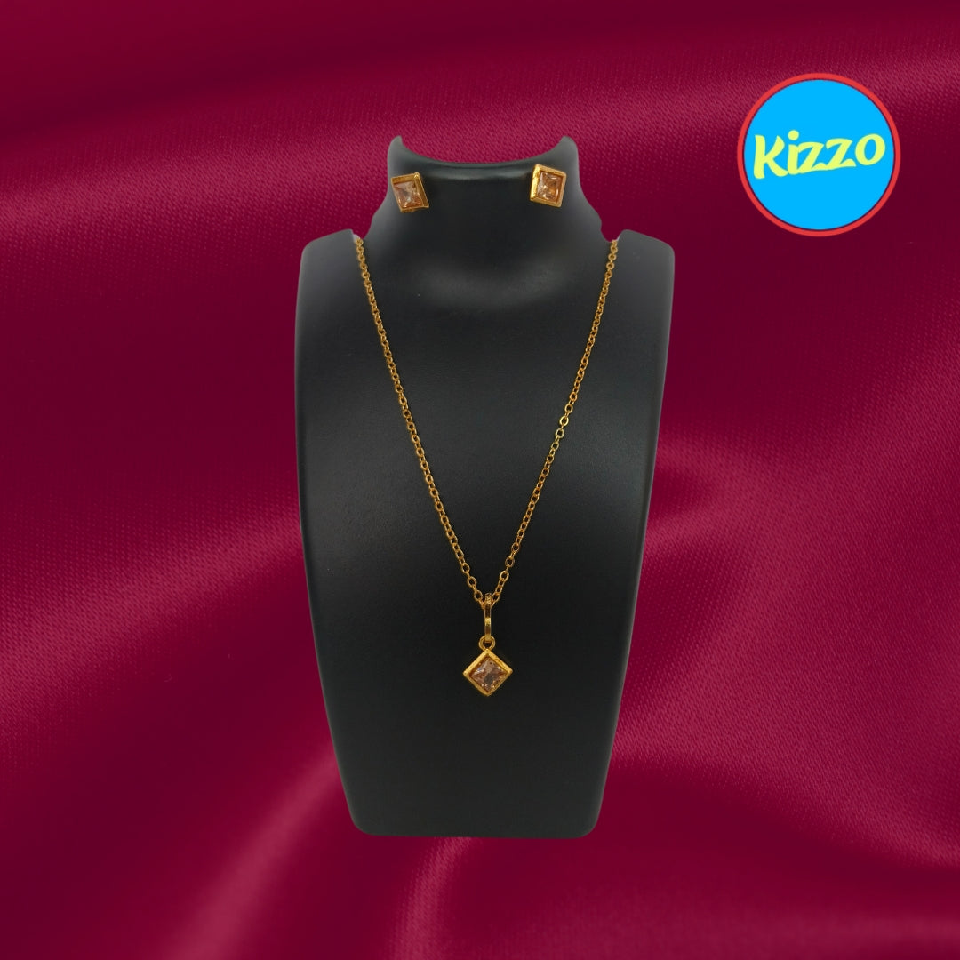 Elegant Gold-Plated Chain with Cubic Zirconia Pendant and Earrings | For Women & Girls