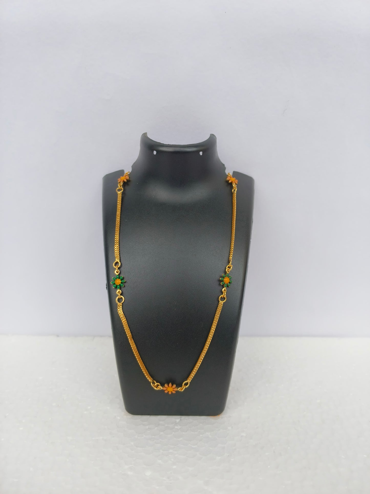 Gold-Plated Chain for Women | Green & Orange Flowers | Jewelery for Women & Girls