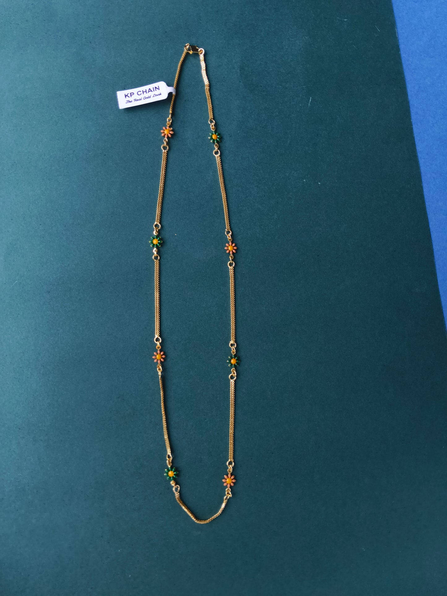 Gold-Plated Chain for Women | Green & Orange Flowers | Jewelery for Women & Girls