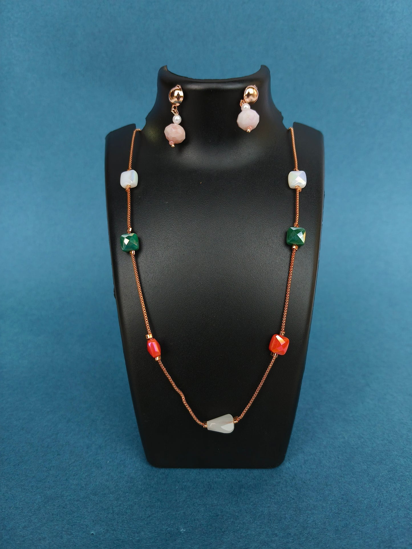 Elegant Beaded Chain with Matching Gemstone Earrings | For Women & Girls | Limited Stock