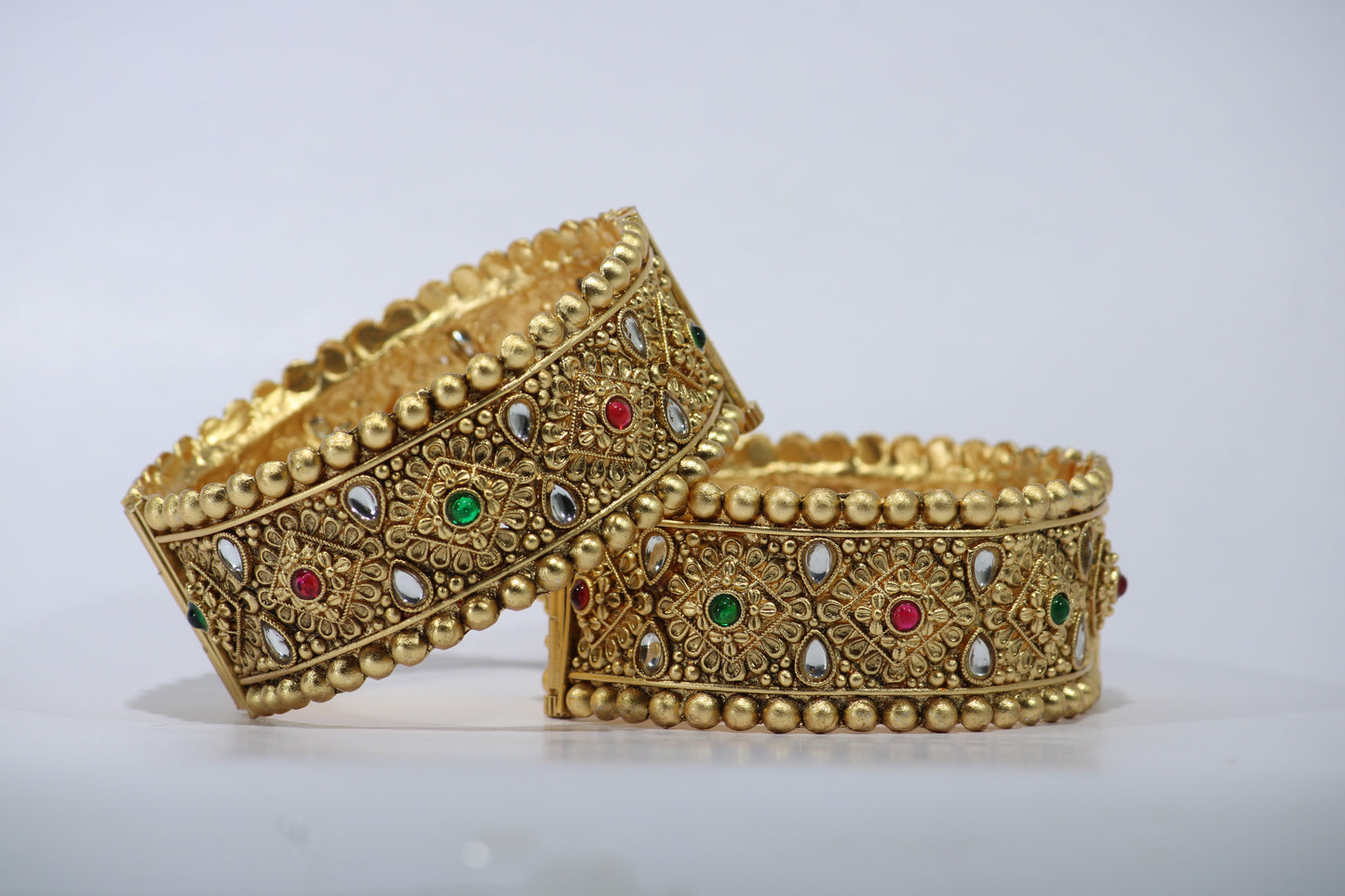 Gold-Plated Patla Bangles with Colorful Gemstones | Floral design and Geometric patterns | For festive occasions or weddings