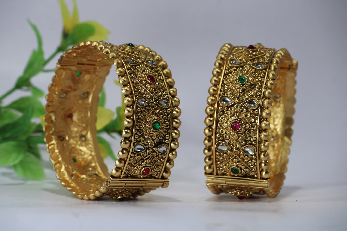 Gold-Plated Patla Bangles with Colorful Gemstones | Floral design and Geometric patterns | For festive occasions or weddings