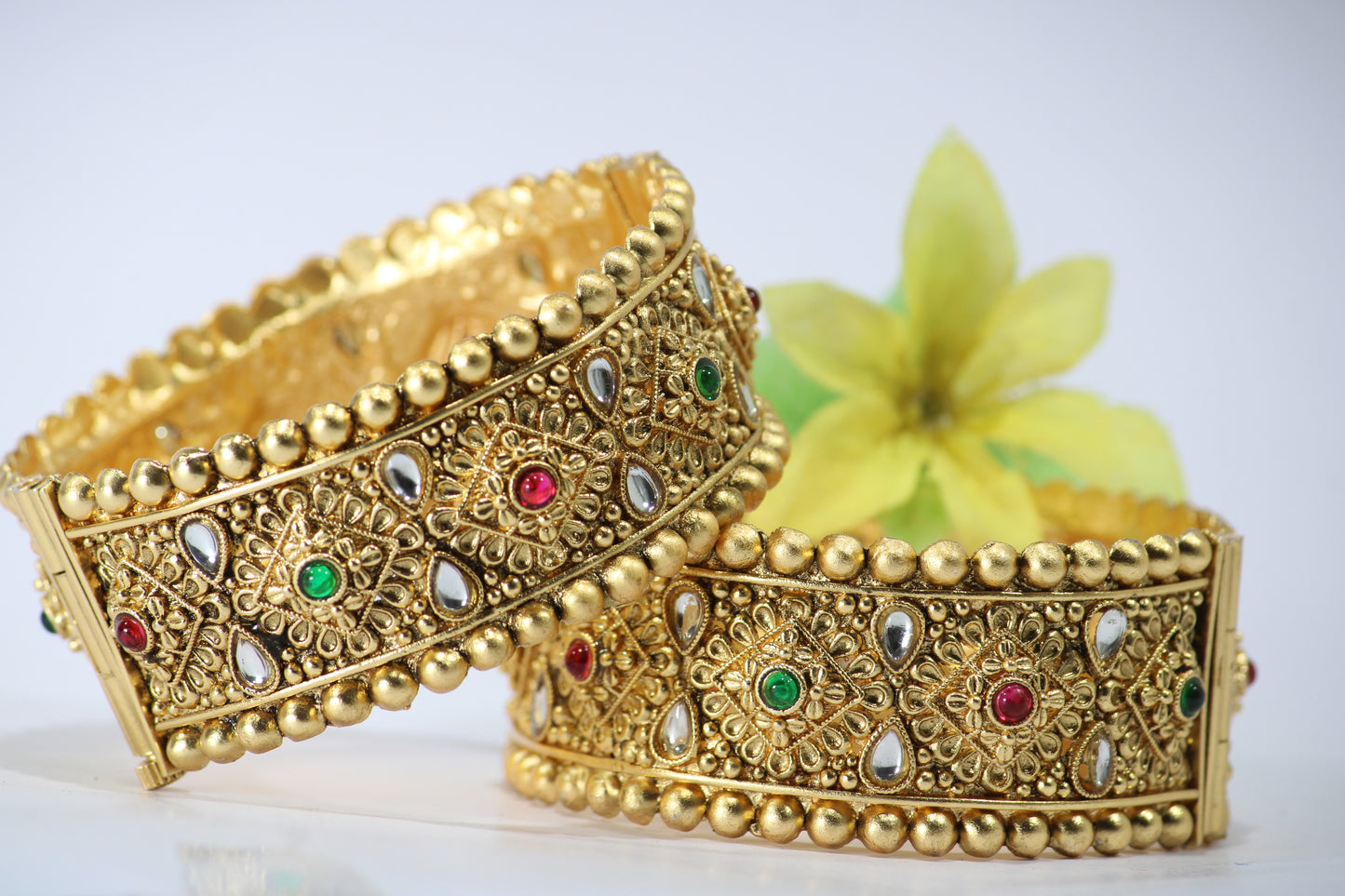 Gold-Plated Patla Bangles with Colorful Gemstones | Floral design and Geometric patterns | For festive occasions or weddings