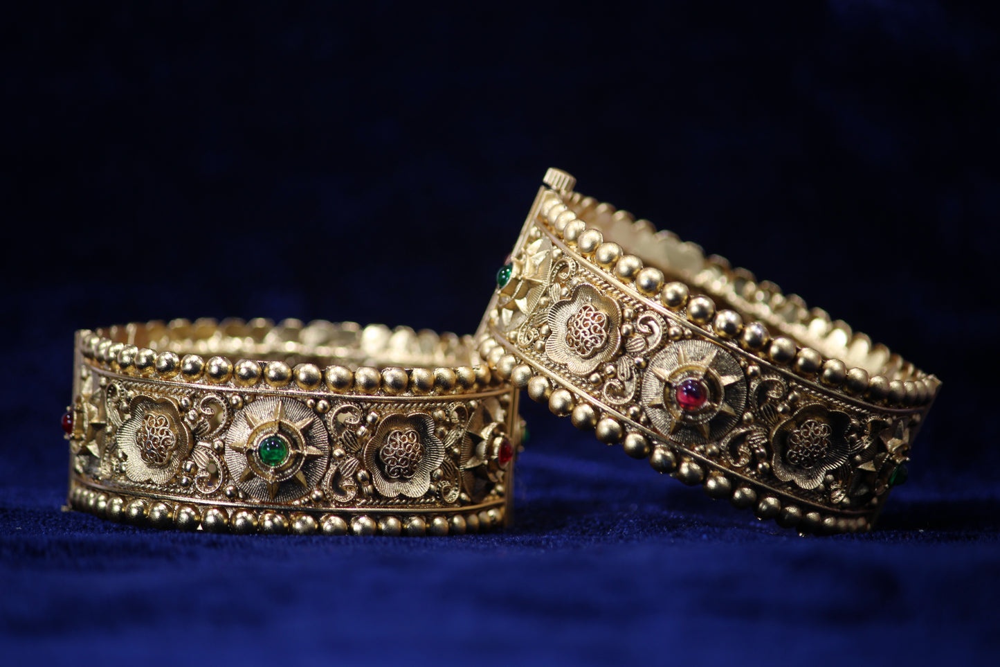 Gold-Plated Patla Bangles with Colorful Gemstones | Floral design and Circular patterns | For festive occasions or weddings