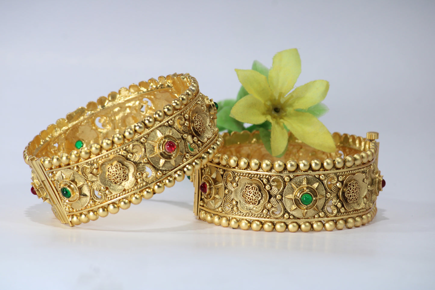 Gold-Plated Patla Bangles with Colorful Gemstones | Floral design and Circular patterns | For festive occasions or weddings