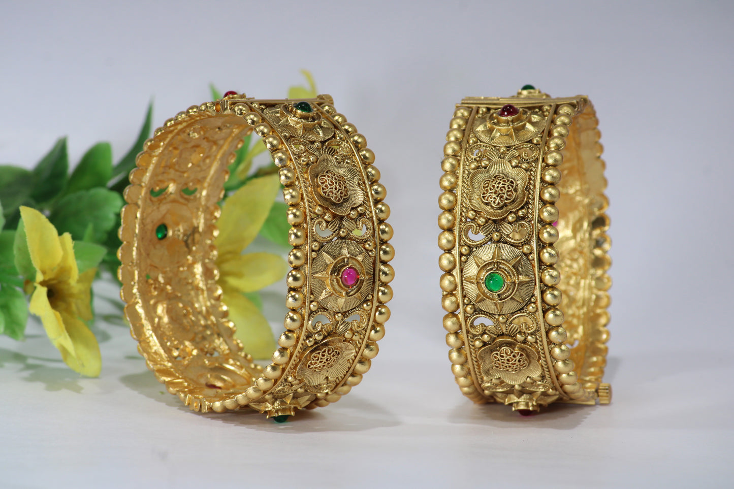 Gold-Plated Patla Bangles with Colorful Gemstones | Floral design and Circular patterns | For festive occasions or weddings