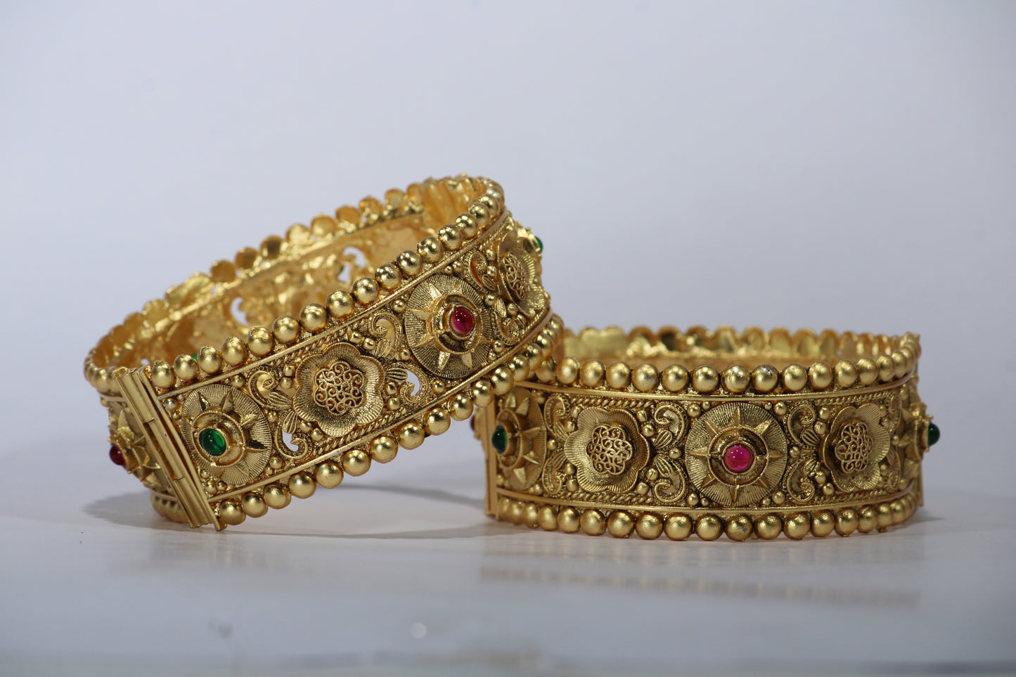 Gold-Plated Patla Bangles with Colorful Gemstones | Floral design and Circular patterns | For festive occasions or weddings