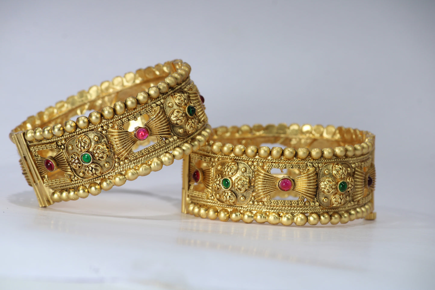 Gold-Plated Patla Bangles with Colorful Gemstones | Circular design and Geometric patterns | For festive occasions or weddings