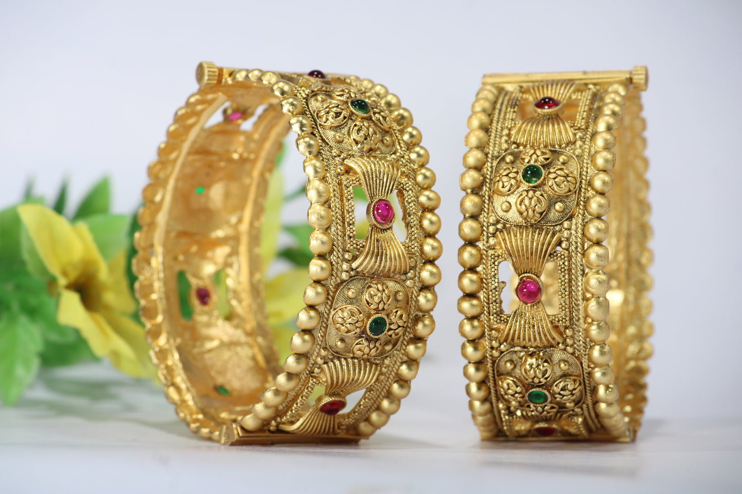 Gold-Plated Patla Bangles with Colorful Gemstones | Circular design and Geometric patterns | For festive occasions or weddings