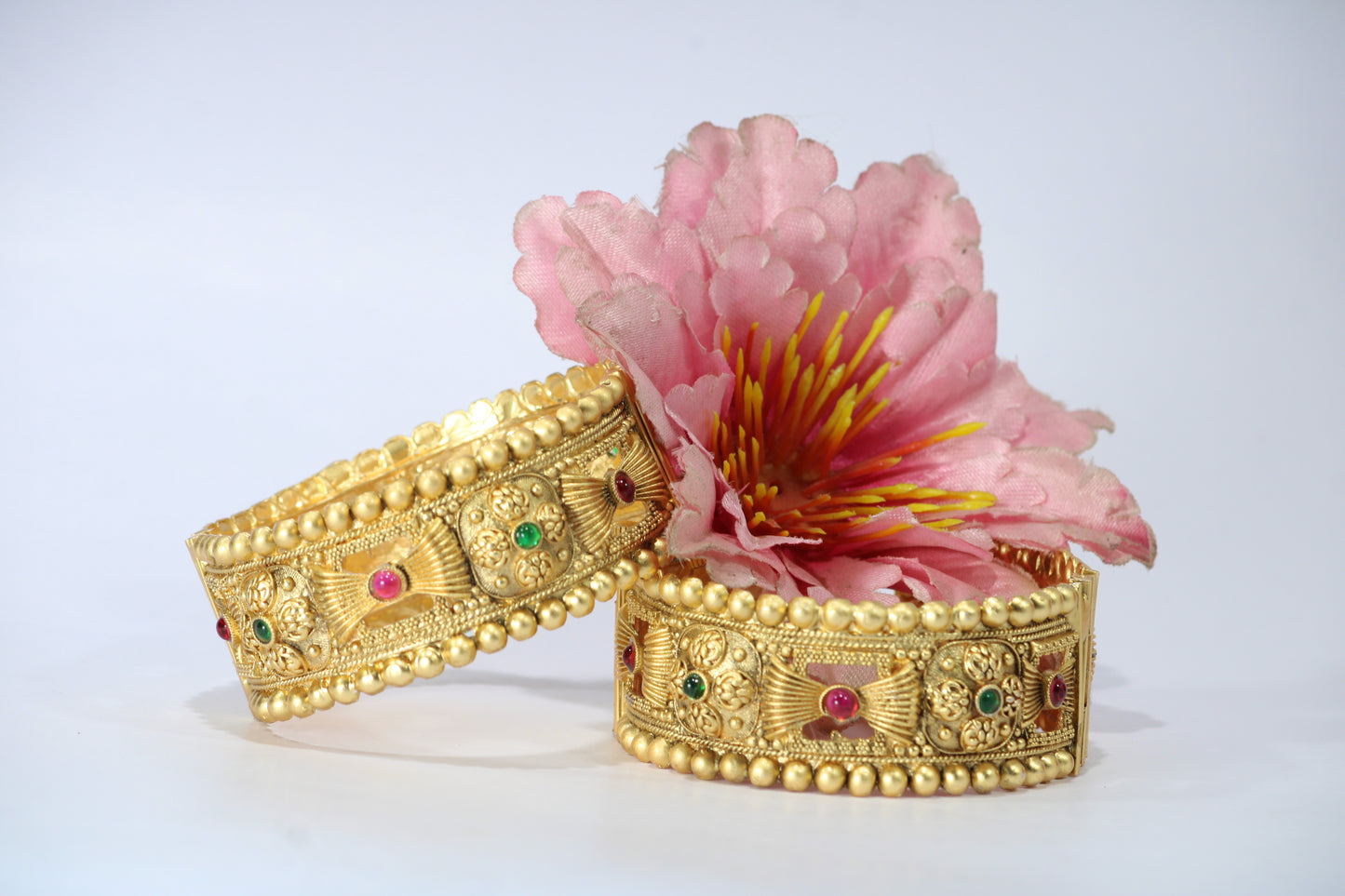 Gold-Plated Patla Bangles with Colorful Gemstones | Circular design and Geometric patterns | For festive occasions or weddings