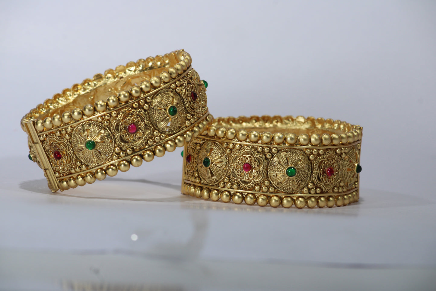 Gold-Plated Patla Bangles with Colorful Gemstones | Floral design and Circular patterns | For festive occasions or weddings