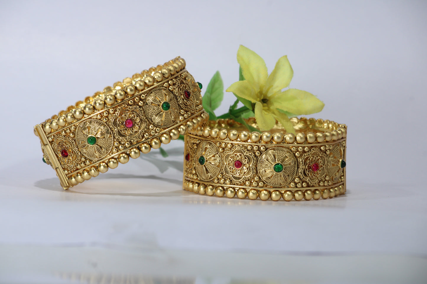 Gold-Plated Patla Bangles with Colorful Gemstones | Floral design and Circular patterns | For festive occasions or weddings