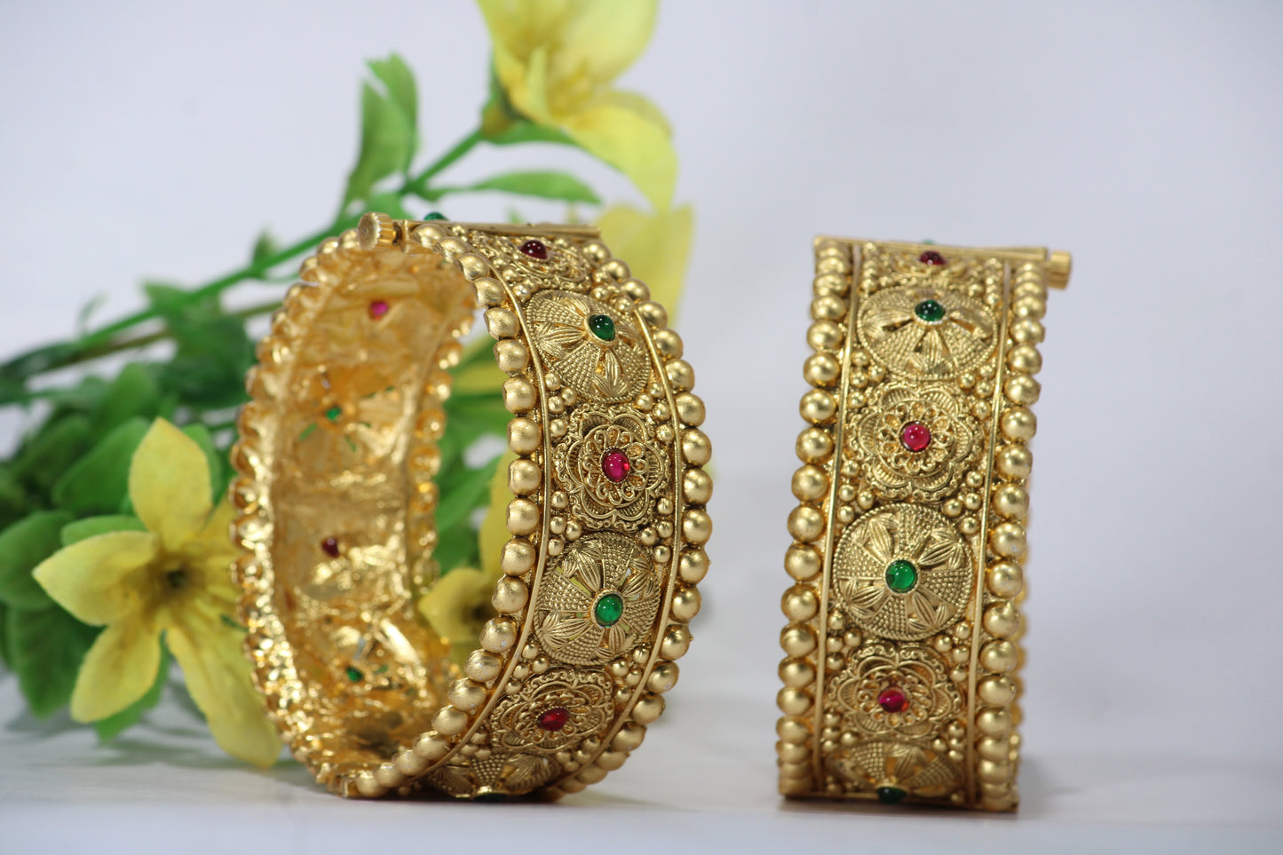 Gold-Plated Patla Bangles with Colorful Gemstones | Floral design and Circular patterns | For festive occasions or weddings