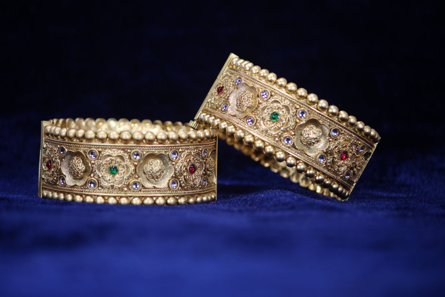 Gold-Plated Patla Bangles with Colorful Gemstones | Floral design and patterns | For festive occasions or weddings