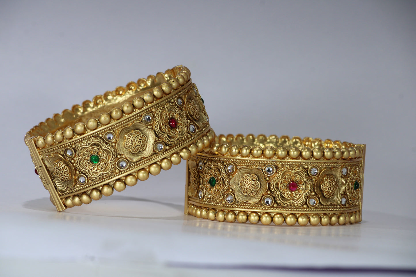 Gold-Plated Patla Bangles with Colorful Gemstones | Floral design and patterns | For festive occasions or weddings