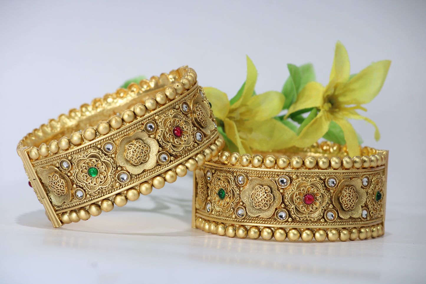 Gold-Plated Patla Bangles with Colorful Gemstones | Floral design and patterns | For festive occasions or weddings