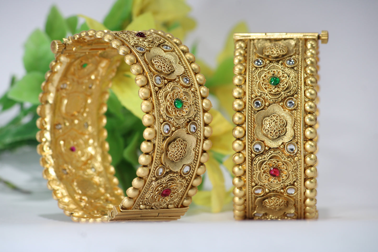 Gold-Plated Patla Bangles with Colorful Gemstones | Floral design and patterns | For festive occasions or weddings