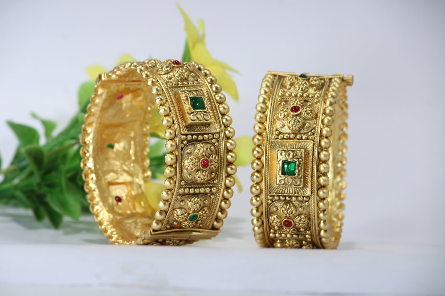 Gold-Plated Patla Bangles with Colorful Gemstones | Square design and Circular patterns | For festive occasions or weddings