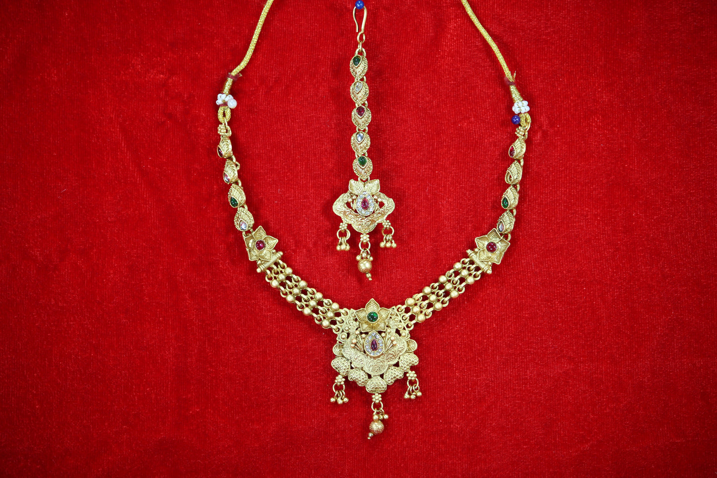 Gold Plated Necklace Earring Set with Maangtikka for Women - Traditional Jewelry Set