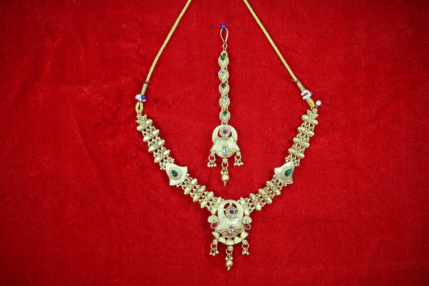 Gold Plated Necklace and Maangtikka Set with Green and Red Stone Embellishments - Traditional Jewelry for Women