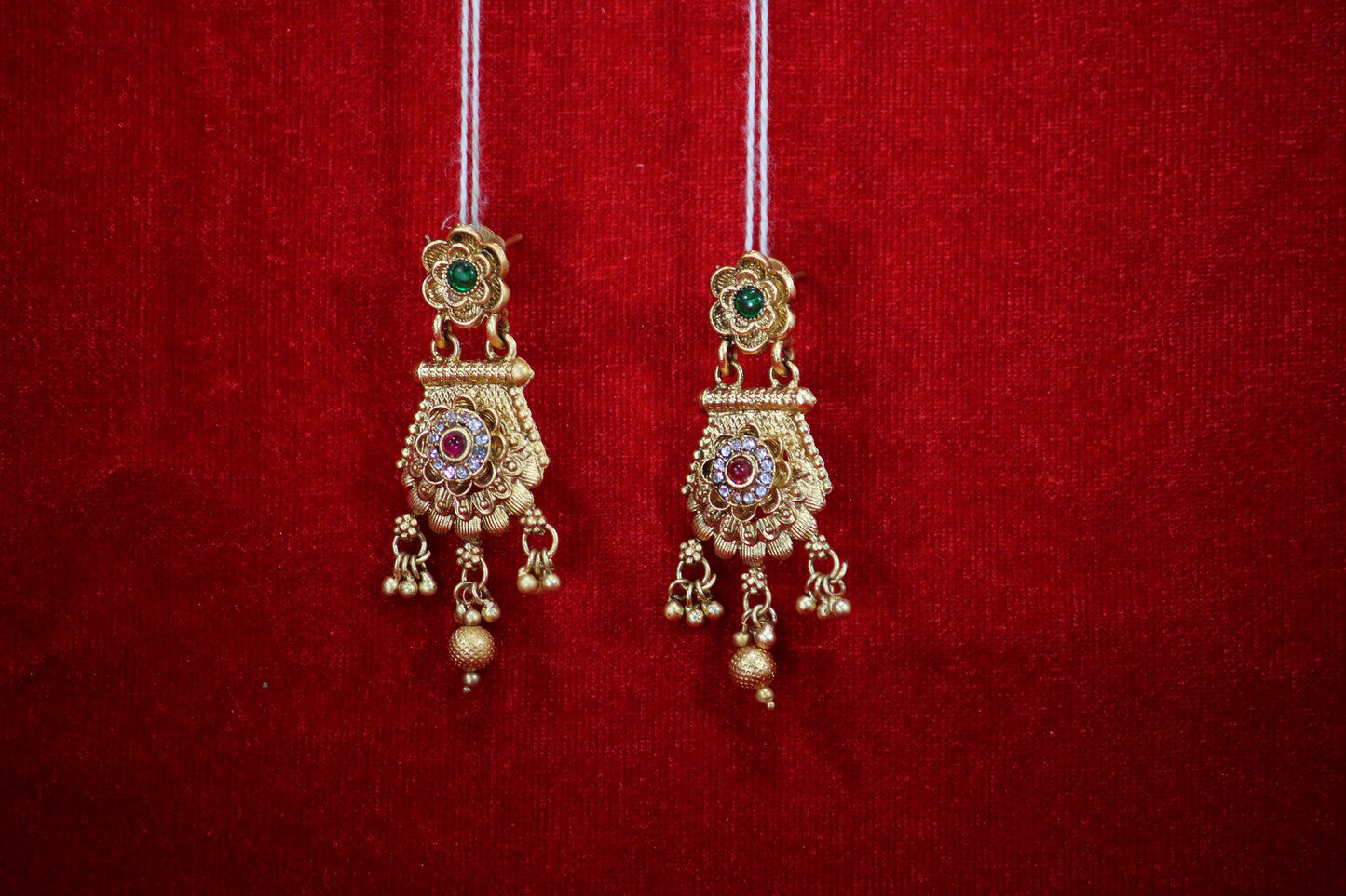 Gold Plated Floral Necklace and Maangtikka Set with Green and Red Stone Embellishments - Traditional Jewelry for Women