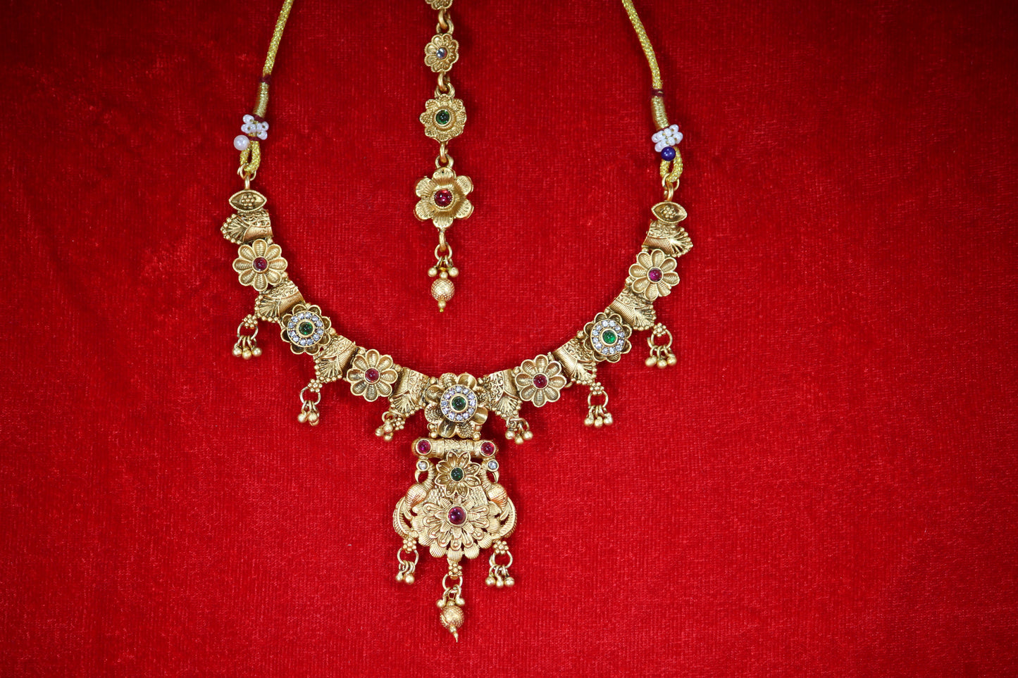 Gold Plated Floral Peacock Necklace and Maangtikka Set- Traditional Jewelry for Women