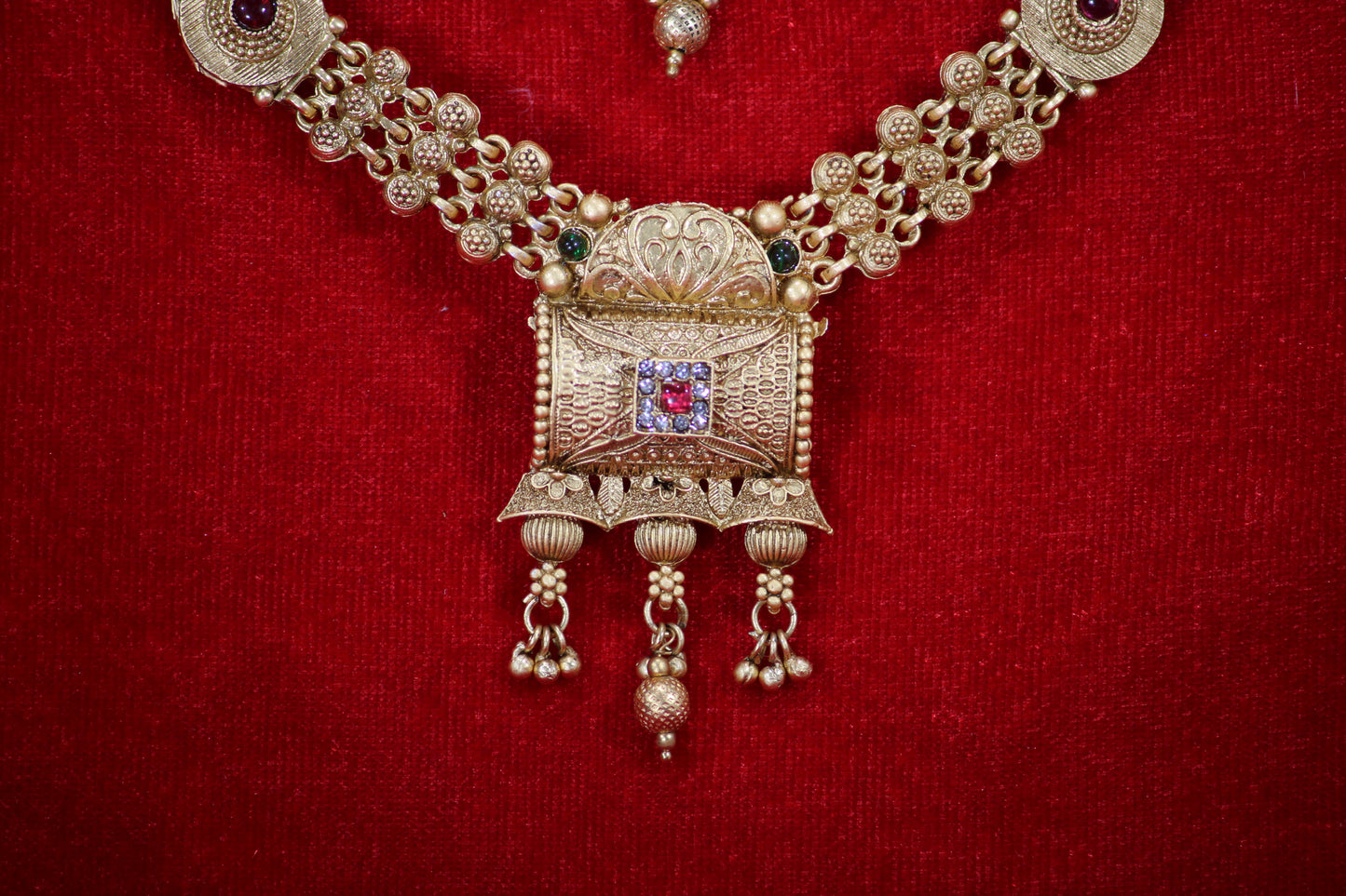 Gold Plated Necklace and Maangtikka Set with Green and Red Stone Embellishments - Traditional Jewelry for Women