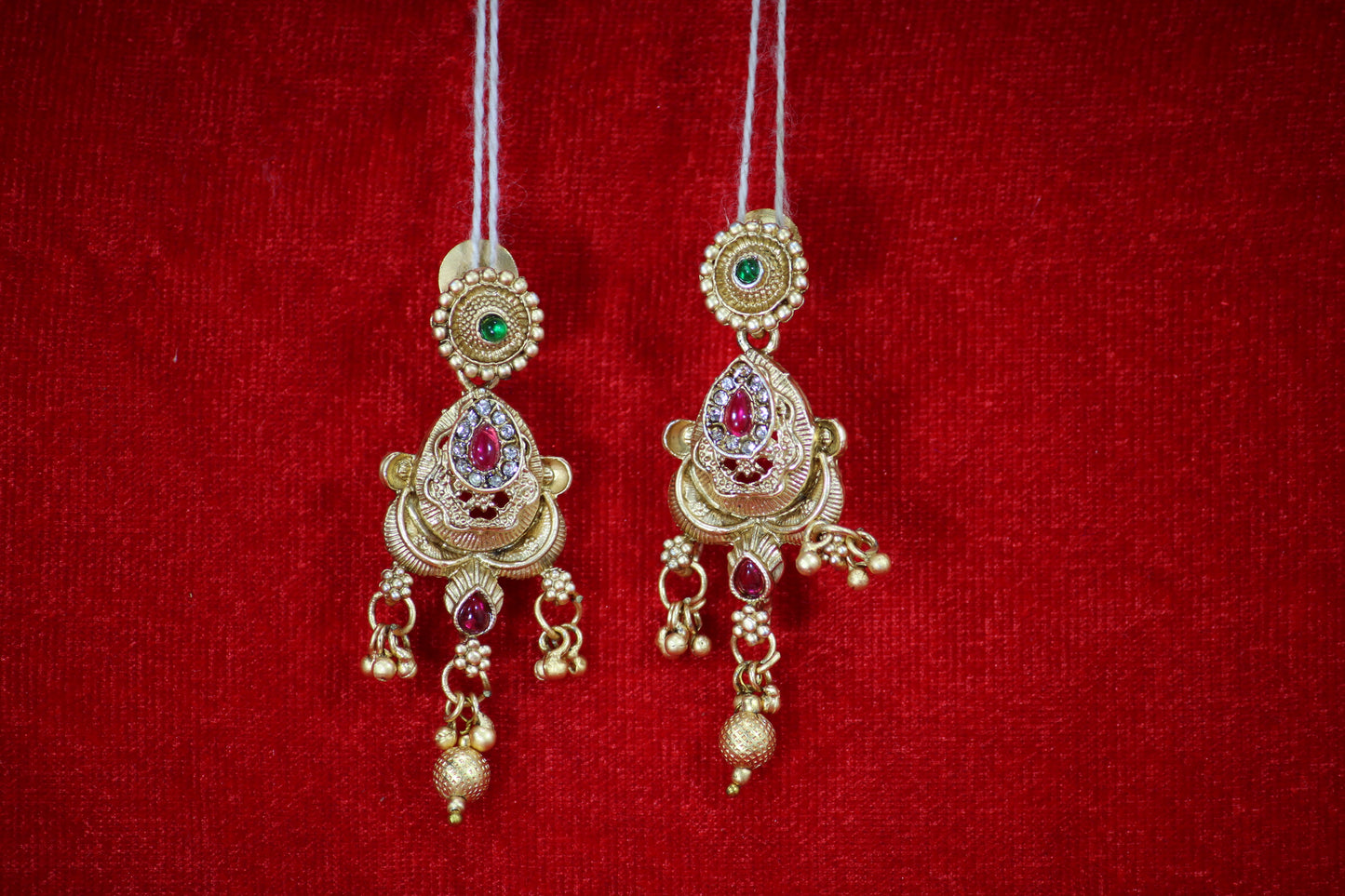 Gold Plated Droplet Necklace and Maangtikka Set with Green and Red Stone Embellishments - Traditional Jewelry for Women