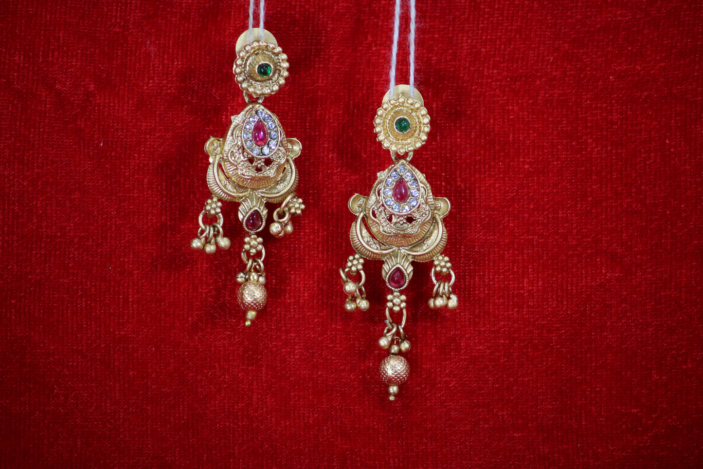 Gold Plated Floral Droplet Necklace and Maangtikka Set with Green and Red Stone Embellishments - Traditional Jewelry for Women