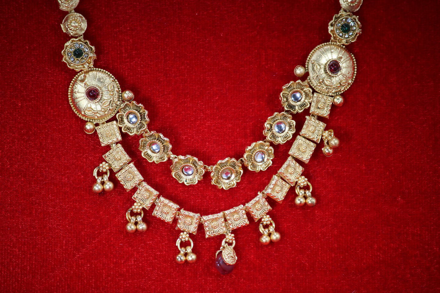 Traditional Indian Necklace with Intricate Floral Motifs and Hanging Bells- Traditional Jewelry for Women