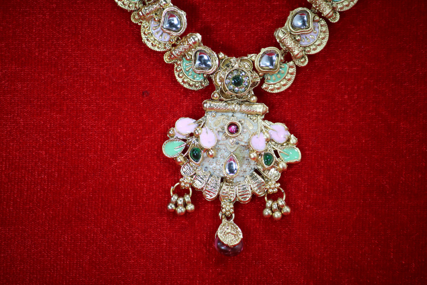 Handcrafted Bridal Necklace Set with Multicolored Stones and Ornate Pendant- Traditional Set For Women And Girls