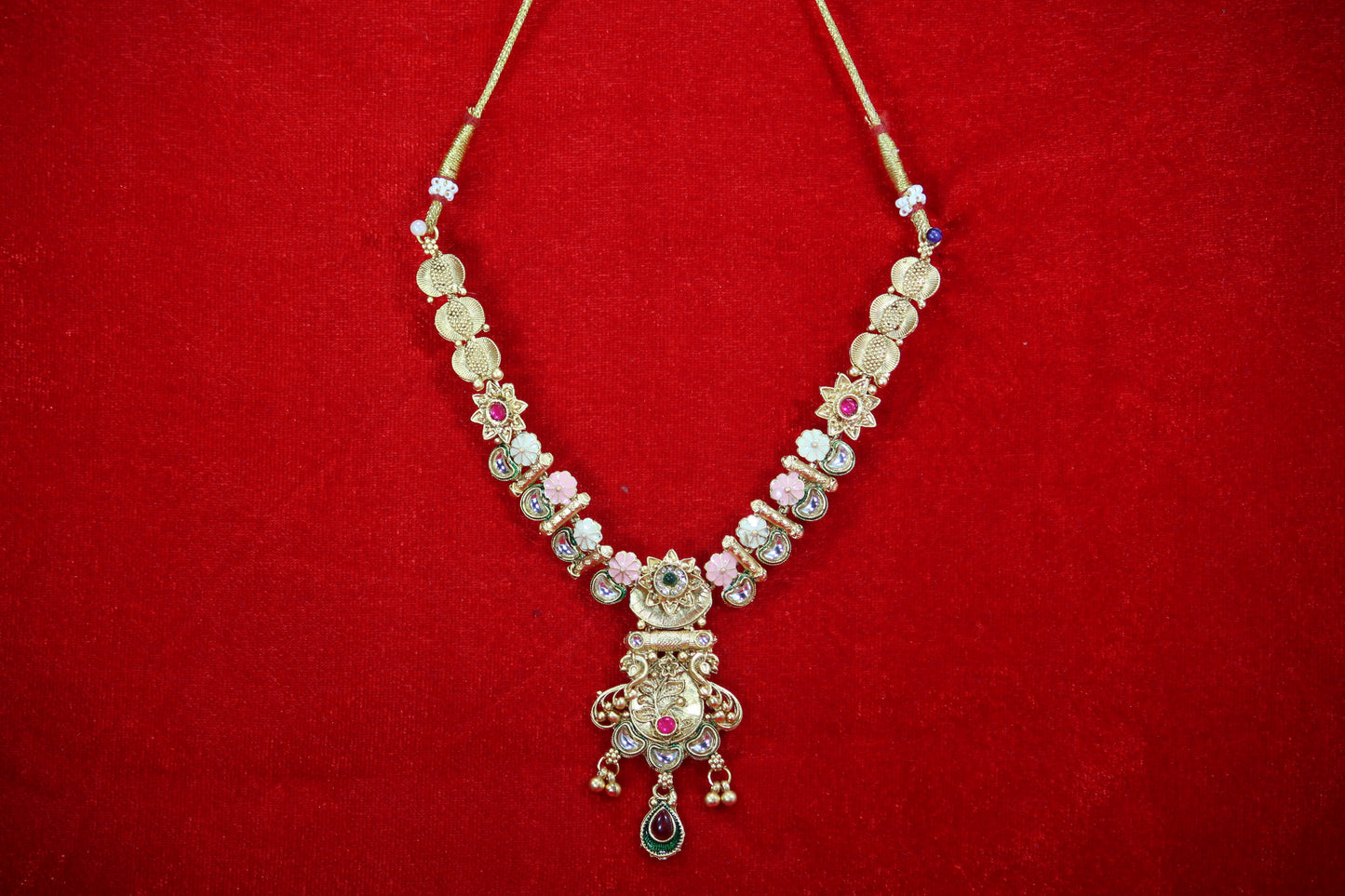 Bridal Necklace Set with Multicolored Stones and Ornate Pendant- Traditional Set For Women And Girls